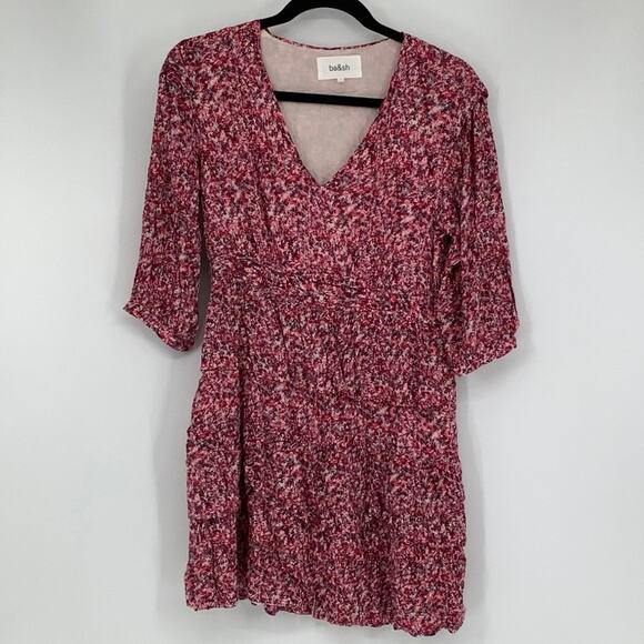 Ba&sh Size 1 US Small Fuchsia Robe Nina Mini Dress Floral 3/4 Sleeve OS17-9 - Picture 3 of 11